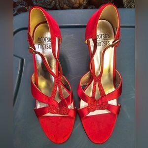 Ruby Red Satin and sequined strappy heels - Size 9 Like New
